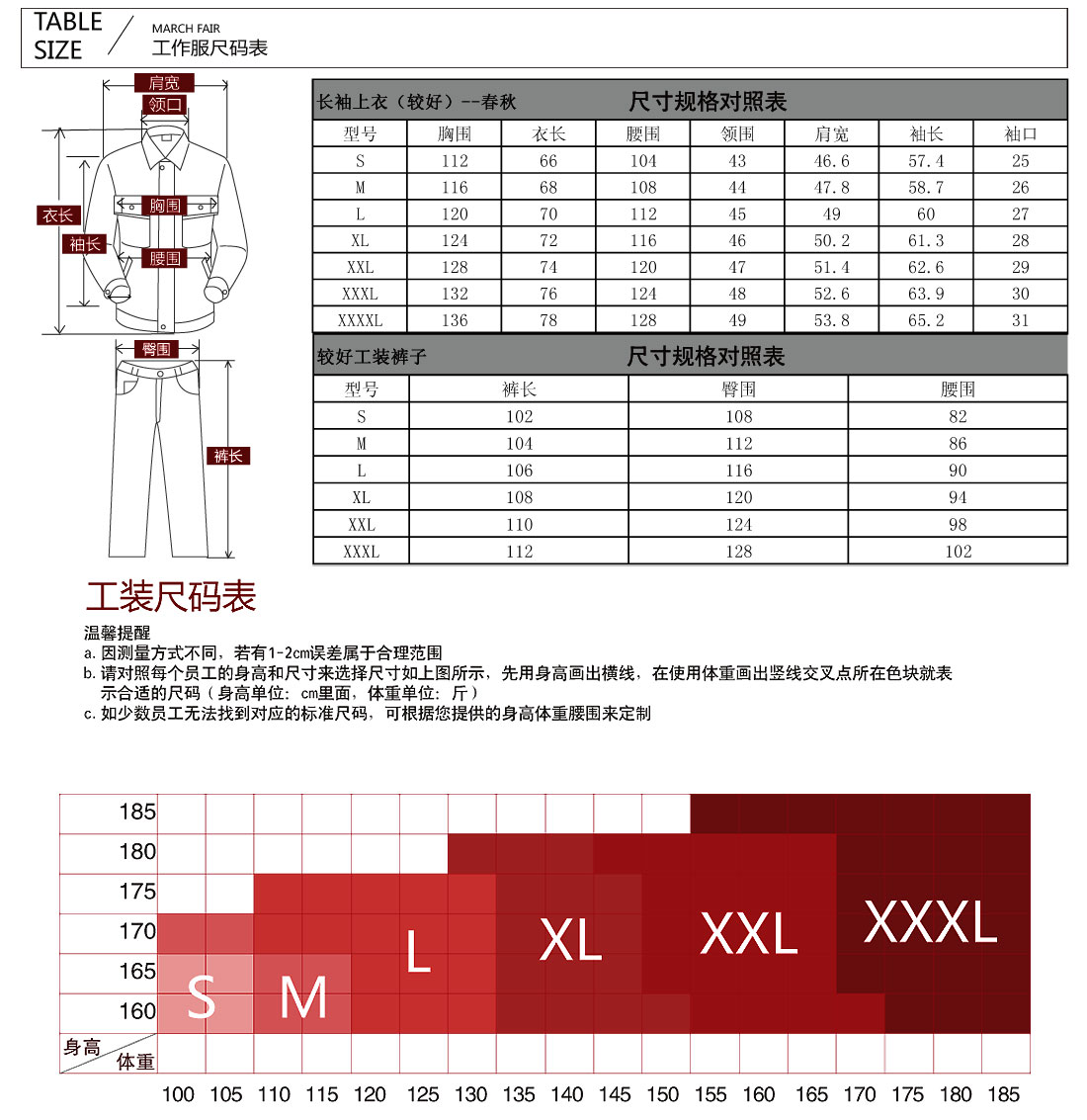 灰色拼橘黄工作服AC024(图9) 尺码参照表